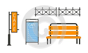 City street elements set, fence, bench, cafe signboard, menu vector Illustration on a white background