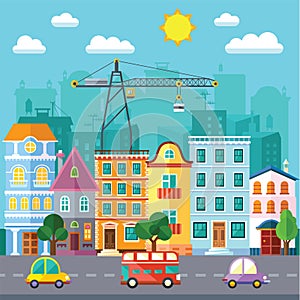 City Street in a Flat Design and Set of Urban Buildings