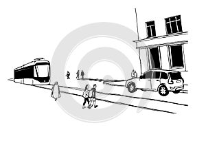 City street hand drawn illustration. Vector black and white cityscape sketch. Urban drawing of car, tram, building and