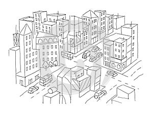 City street Intersection sketch. Traffic road view. Cars end buildings top view. Hand drawn vector stock line