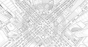 City street Intersection traffic jams road 3d. Black lines outline contour style Very high detail projection view. A lot