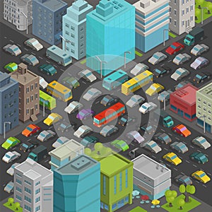 City street Intersection traffic jams road Isometric projection view. A lot cars end buildings top view Vector