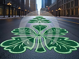 City street with large green four-leaf clover painted on road. This unique design is located in center of road, making