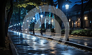 City Street Night Scene With Street Lamps and Trees