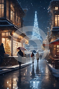 City street with in the nightnof Christma, snow rain, cafes light, silhouette of peiple walking, 8k, wallpaper, printable
