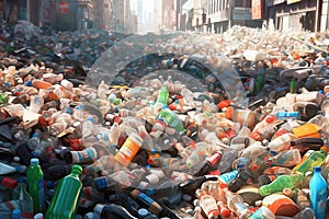 City street overflow with plastic bottles, symbolizing a possible future of unchecked waste disposal. Generative AI illustration