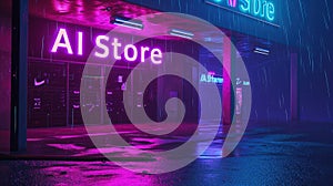 City street in rain at night with neon sign of AI Store, dark gloomy buildings with purple and blue light. Concept of dystopia,