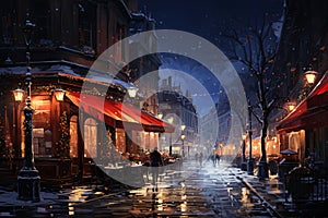 city street on a rainy night, cafes and shops, street lights reflected in the wet pavement, random people, late autumn season