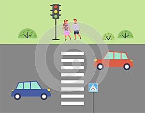 City street and road, children get ready to cross the road,outdoor flat vector illustration