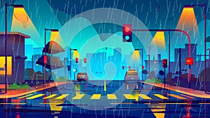 City street scene with sidewalk, traffic light, and crosswalk in a wet and stormy city. Modern urban scenery with