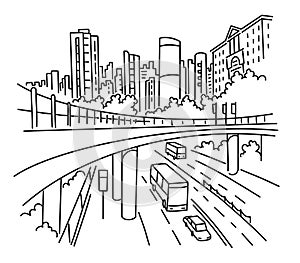 City street sketch. Building architecture landscape panorama. Skyscrapers view. Road, highway transport. Hand drawn