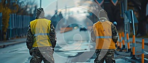 City Street Standoff: Soldiers Block Traffic in Camouflage and Yellow Vests