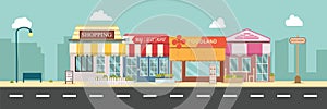 City street and store buildings vector illustration, a flat style design.Business storefront in urban.