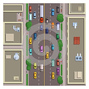 City street top view. Road traffic cars