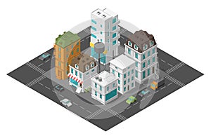 City street town district quarter Isometric the road around. Cars end buildings top view 3d. Vector illustration
