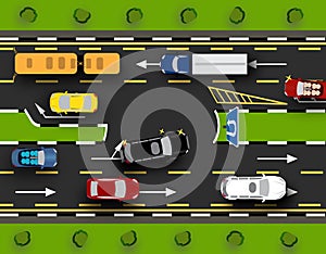 City street with a U-turn for cars. Traffic Close-up, lawns. illustration