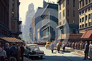 city street, with view of busy intersection, with people and vehicles bustling in every direction