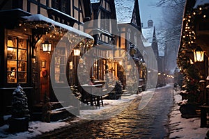 city street in winter, exteriors of houses decorated for Christmas or New Year\'s holiday, snow, street lights, festive