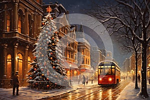 city street in winter, fir tree, exteriors of houses decorated for Christmas or New Year\'s holiday, snow, street lights