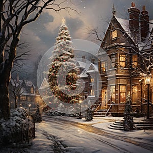 city street in winter, fir tree, exteriors of houses decorated for Christmas or New Year\'s holiday, snow, street lights