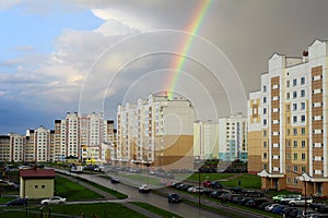 City streets after rain. Rainbow