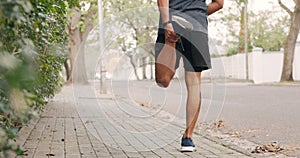 City stretching, legs training and man running for cardio workout, motivation for strong body and health wellness. Back