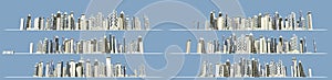 City success concept, set of 6 detailed renders of modern skyscrapers forming city skyline isolated on blue background - 3D