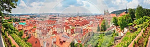 City summer landscape, panorama, banner - top view of the Mala Strana Little Side of the historical district of Prague