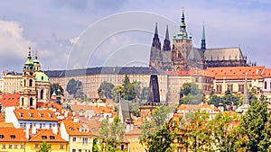 City summer landscape - view of the Hradcany historical district of Prague and castle complex Prague Castle