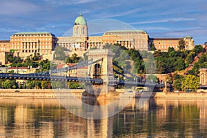 City summer landscape - view of the Szechenyi Chain Bridge and Buda Castle on Castle Hill over the Danube river in Budapest