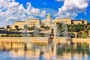 City summer landscape - view of the Szechenyi Chain Bridge and Buda Castle on Castle Hill over the Danube river in Budapest