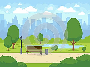 City summer park with green trees bench, walkway and lantern. Cartoon vector illustration