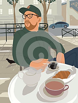 City summer time  illustration with man sitting at table in street cafe