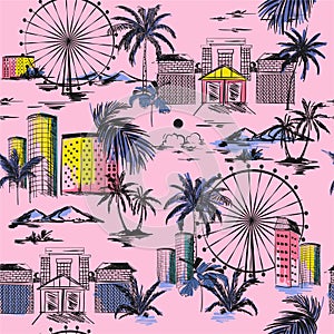 City in summer vibes seamless pattern. Vector vacytion illustration  architecture, building,wheels,palm tree,mountain ,design for