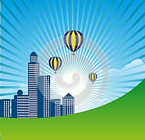 City With Sunbeam And Air Balloons Background