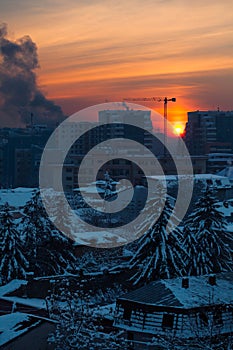 City sunset landscape with buildings and trees in the winter