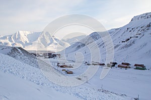 The city is surrounded by mountains. Longyearbyen, Spitsbergen (