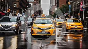 The City Taxi and cars in street traffic in City. Rain in The City. Generative AI