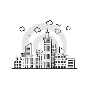 City template. Thin line City landscape. Downtown with high skyscrapers. Vector illustration background.