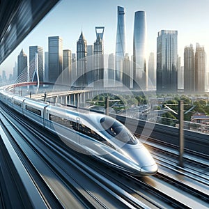 City of Tomorrow: Futuristic Skyline with Highspeed Train photo