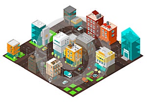 City town district street Isometric Intersection road 3d. Very high detail projection view. Cars end buildings top view.