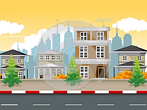 City Town Situation Landscape View With Road Cartoon Vector Illustration Isolated