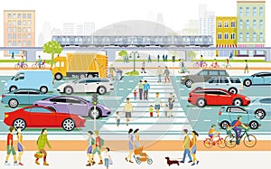 City with traffic and houses with pedestrians, illustration