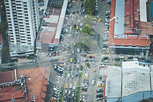 City traffic jam aerial - many cars on street during rush hour