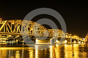 City traffic on Krung Thep bridge at night.Krung Thep bridge is located in Bangkok, Thailand