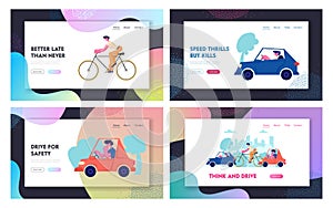 City Traffic Website Landing Page Set, People Driving Different Types of Transport as Cars and Bicycle on Road, Cycle