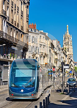 City tram on Cours Pasteur street in Bordeaux, France