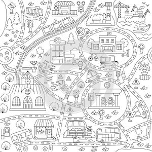 City transport black and white map seamless pattern. Repeating line background with railway, roads, traffic signs for kids. Vector