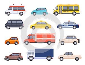 City transport cars. Urban car and vehicles, taxi, school bus, ambulance, fire engine, police and pickup truck. Flat automobile