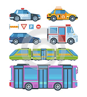 City transport colorful flat vector illustration set